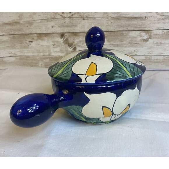 Mexican Talavera Pottery Colorful Calla Lilies Soup Bowl w/Handle and Lid Salsa - Picture 5 of 13